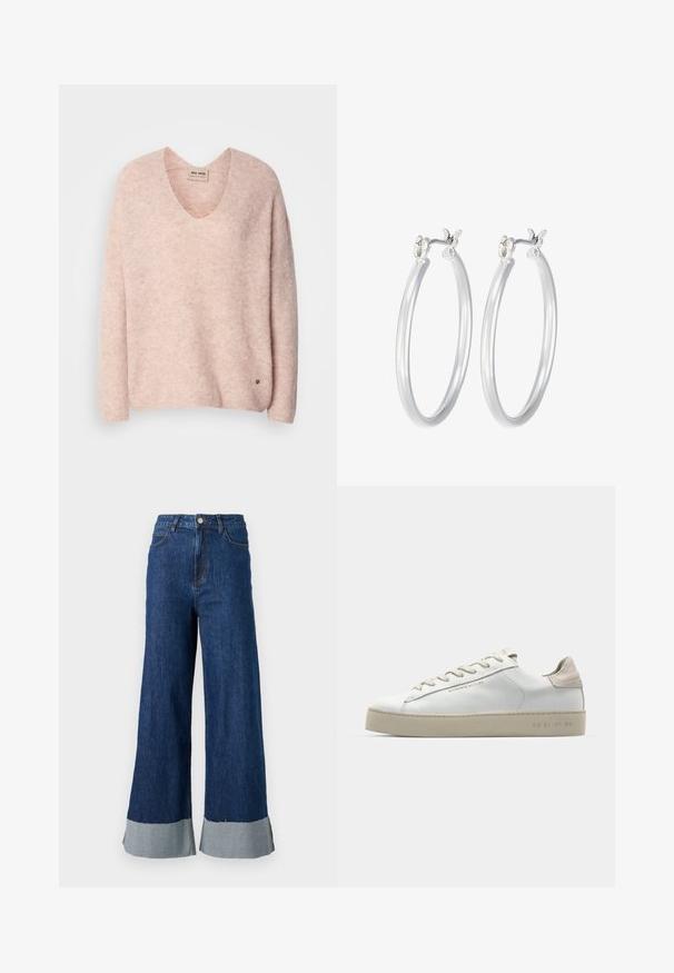 Roosa vardaga kootud sviiter V-kaelusega, pikkade varrukatega ja lõdva lõikega. Omab peent tekstuuri ja väikest logo aktsenti äärtes.; Laiad denim püksid tumeda sinise pesuga, millel on kontrastne helesinine põlveosa ja klassikaline viie taskuga disain.; Valge nahast toss, millel on sile pind, beežist seemisnahast aktsendid, ümar nina, lame puuvillane pael ja tekstuuriga kummitald.; Hõbedased rõngaskõrvarõngad, millel on sile, läikiv viimistlus. Ümmargune kuju ja turvaline klõpsulatus. Kerge disain, sobib igapäevaseks kandmiseks.