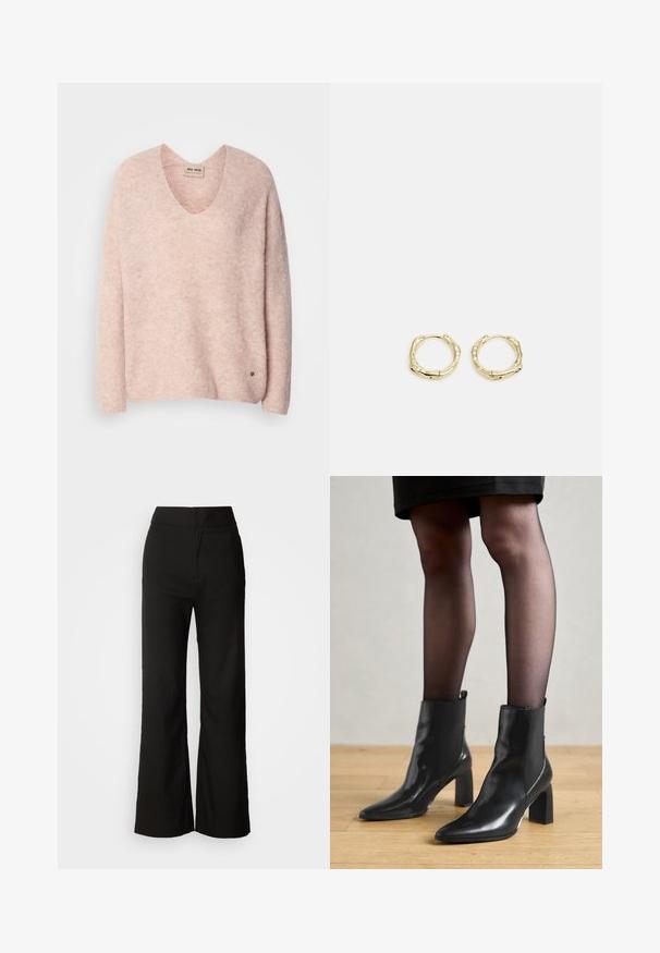 Pull en tricot rose à col en V, à manches longues et coupe décontractée. Présente une texture subtile et un petit logo près de l'ourlet.; Pantalons noirs à jambes larges avec une texture lisse, taille haute et un design épuré. Pas de poches visibles ni d'embellissements.; Bottines en cuir noir avec un bout pointu, un talon carré épais et un design élégant. Présente des panneaux latéraux élastiques pour un enfilage facile.; Boucles d'oreilles en or en forme de cerceau avec une texture et une forme irrégulière. Présentent une fermeture sans couture et une finition polie, soulignant un design moderne.