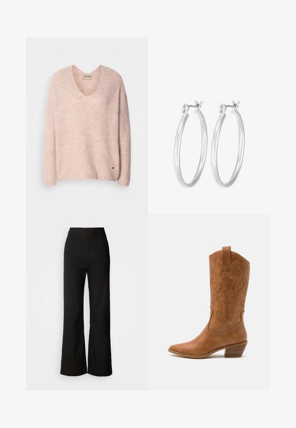 Maglione rosa a maglia con scollatura a V, maniche lunghe e una vestibilità rilassata. Presenta una texture sottile e un piccolo logo vicino all'orlo.; Pantaloni neri a gamba larga con texture liscia, vita alta e design semplice. Nessuna tasca visibile o decorazioni.; Stivale cowboy in pelle marrone chiaro con punta affusolata, modelli ricamati a spirale sull'asta e tacco a blocco impilato. Presenta una linguetta per una facile calzata.; Orecchini a cerchio in argento con una finitura liscia e lucida. Forma rotonda e chiusura a scatto sicura. Design leggero adatto per l'uso quotidiano.