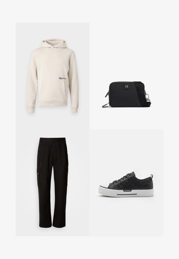 Gaišbeige kapucīna džemperis, kas izgatavots no mīkstas auduma, ar priekšējo kabatu un mazu melnu logotipu apakšējā kreisajā pusē.; Melnas kokvilnas kravas bikses ar brīvu piegriezumu, ar sānu kabatām, pogu aizdari un taisnām kājām. Vienkāršs dizains bez rakstiem.; Melns zemas sporta apavi ar rakstainu kanvas augšdaļu, baltu gumijas pirkstu daļu, teksturētu zoli un logotipa akcentu sānos. Metāla acu caurumi šņorēm.; Melnā taisnstūra soma, kas izgatavota no teksturēta materiāla, ar rāvējslēdzēja aizdares, regulējamu siksnu un logotipa uzšuvumu priekšā.