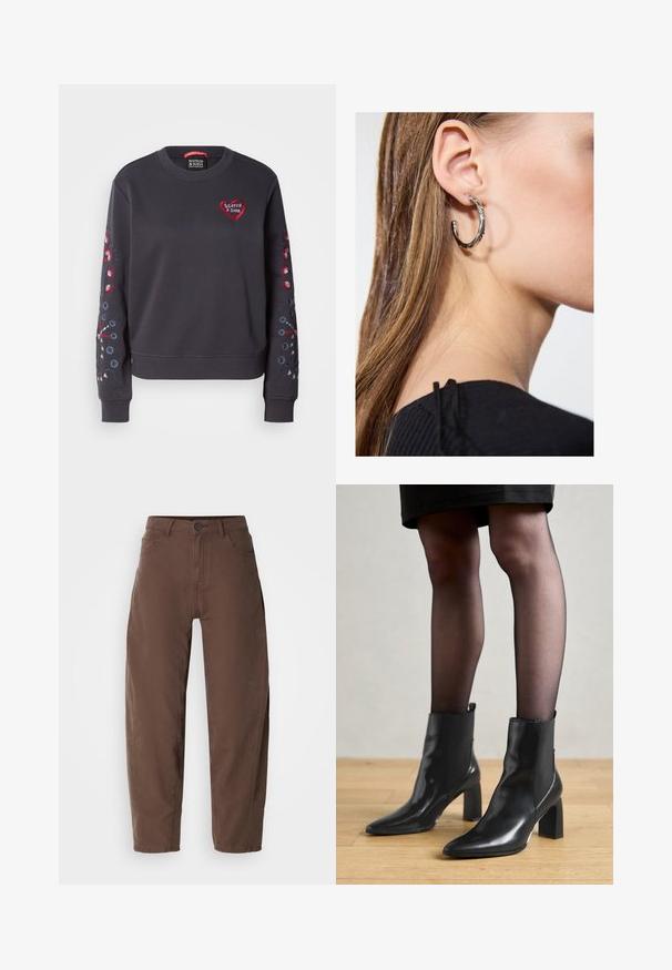 Dunkelgrauer Pullover mit Rundhalsausschnitt, ausgestattet mit rotem Herzlogo und buntem Blumenstickerei an den Ärmeln. Weicher Stoff, gerippte Bündchen.; Braune gerade geschnittene Hose mit vorderen Knopf und Reißverschluss, Gürtelschlaufen und Seitentaschen, dargestellt auf einem weißen Hintergrund.; Schwarze Leder-Ankle-Boots mit spitzer Zehenform, klobigem quadratischem Absatz und schlankem Design. Verfügt über elastische seitliche Einsätze für leichtes An- und Ausziehen.; Silberne Creolen mit polierter Oberfläche, die kleine goldene Akzentdetails und eine runde Form aufweisen, am Ohrläppchen getragen.