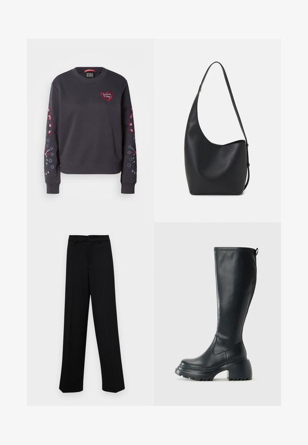 Tamno sivi dukserica s okruglim izrezom, s crvenim srcem kao logom i šarenim cvjetnim vezom na rukavima. Mekani materijal, rebrasti manžeti.; Crne široke hlače od glatkog materijala, s klasičnim pojasom koji se zatvara dugmetom i prednjim naborima.; Visoke crne kožne čizme s debelim platformskim đonom i blok petom, s patentom za povlačenje i teksturiranim uzorkom na potplatu.; Crna kožna hobo torba s glatkom teksturom, zakrivljenim oblikom i jednom podesivom trakicom; ima širok otvor na vrhu.