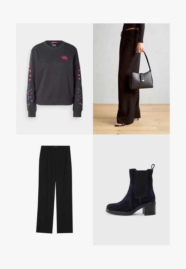 Mørkegrå hettegenser med rund hals, med rødt hjerte-logo og fargerik blomsterbroderi på ermene. Myk stoff, ribbestrikkede mansjetter.; Sorte bukser med rette ben, som har to frontlommer og en talje. Laget av et glatt, lett stoff.; Mørkeblå skinn ankelsko med elastisk sidepanel, avrundet tå og blokkhelt. Tekstilt stoff og glatt såle gir kontrast.; Svart håndveske med strukturert form, jevn tekstur og metallisk lås. Kombinert med brede svarte bukser og sandaler med åpen tå på tregulv.