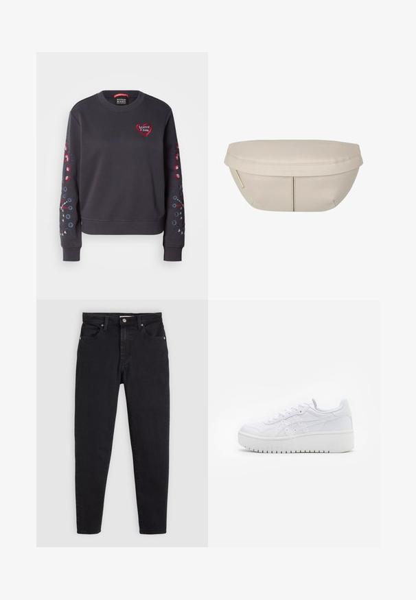 Tmavě šedá mikina s kulatým výstřihem, s červeným logem srdce a barevnou květinovou výšivkou na rukávech. Měkká tkanina, žebrované manžety.; Černé slim-fit džíny s knoflíkovým a zipovým zapínáním, pěticípým designem a poutky na opasek na světle šedém pozadí.; Bílé platformové tenisky s hladkým koženým povrchem, perforovanými detaily a plochými tkaničkami; mají silnou bílou gumovou podrážku.; Beige textilní taštička s kulatým tvarem, která má plochý vršek a jemné švy. Obsahuje minimalistické logo a boční popruh.