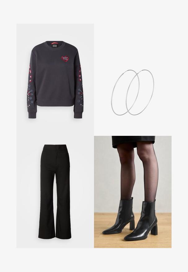 Donkergrijze sweater met ronde hals, voorzien van een rood hartlogo en kleurrijke bloemembroidery op de mouwen. Zachte stof, geribde manchetten.; Zwarte wijde broek met een gladde textuur, hoge taille en een strakke uitstraling. Geen zichtbare zakken of versieringen.; Zwarte leren enkellaarsjes met een spitse neus, stevige vierkante hak en een fraaie uitstraling. Beschikt over elastische zijpanelen voor gemakkelijke aan- en uittrekken.; Zilveren hoepel oorbellen met een minimalistisch ontwerp. Cirkelvormig, gladde textuur en dun profiel. Lichtgewicht met een gepolijste afwerking.