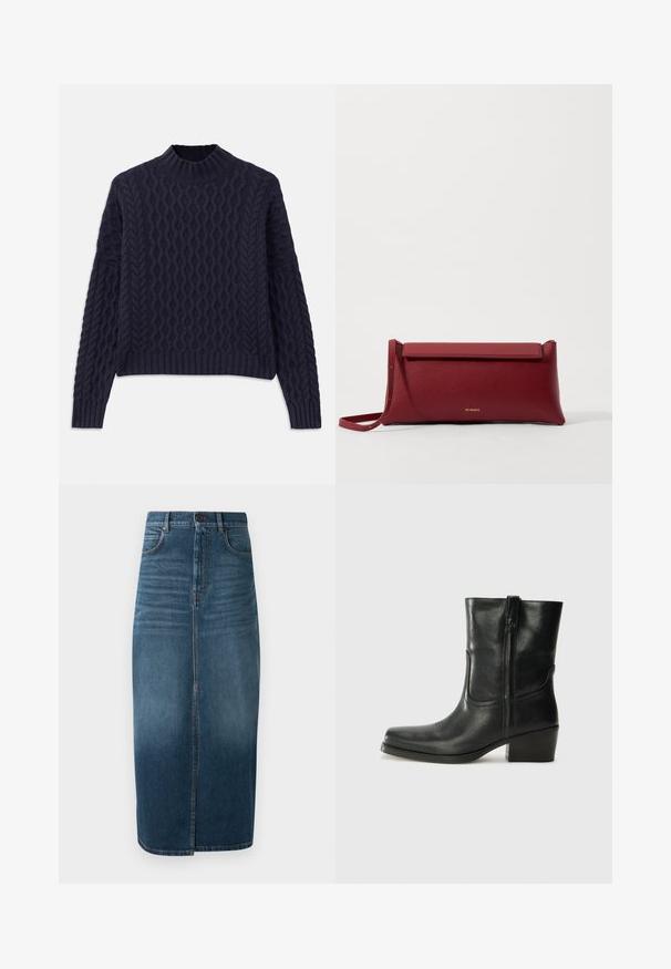 Donkerblauwe gebreide trui met een gestructureerd golfpatroon, hoge halslijn en geribde mouwen en zoom voor een gestructureerde pasvorm.; Denim midi-rok in donker indigo, met een voorkeursplit en een lichte vervaging. Klassiek vijf-pocket ontwerp met metalen knoopsluiting.; Zwarte leren enkellaars met een ronde neus, blokhak, zijrits en stikselaccenten op de wreef. Gladde textuur, klassiek ontwerp.; Rode leren clutch met een gestructureerde afwerking, met een vlakke omvouwtop en een korte strap. Subtiele merklogo op de voorkant.