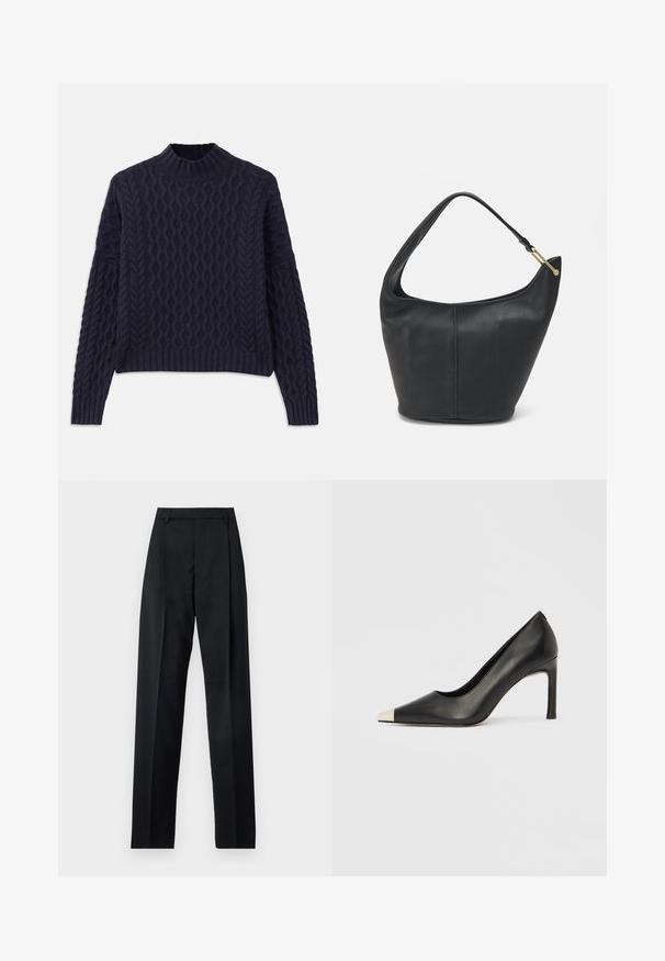 Navy blue knitted sweater featuring a textured wave pattern, high neckline, and ribbed cuffs and hem for a structured fit.; Black trousers made from smooth fabric featuring a high waist, wide legs, front pleats, and classic belt loops. No side pockets visible.; Black leather high heel shoe with a pointed toe and a metallic silver cap. Features a smooth finish and a slender 10 cm heel.; Black leather handbag with a rounded shape, a wide strap, and a textured finish. Features a subtle seam detail and a gold-tone hardware accent.