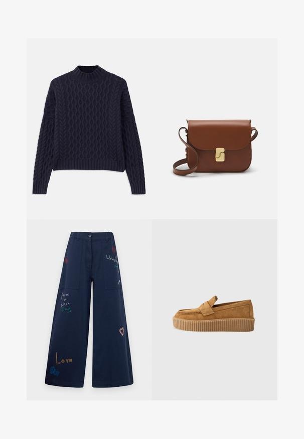 Maglione lavorato a maglia blu navy con un motivo a onda testurizzato, collo alto e polsini e orlo a coste per una vestibilità strutturata.; Pantaloni a gamba larga blu navy in cotone con molteplici tasche. Presentano testi e grafica ricamati colorati, inclusi cuori e frasi giocose.; Mocassino in suede marrone con punta rotonda, dotato di suola a piattaforma rigata e una fascia decorativa sulla parte superiore.; Borsa a tracolla in pelle marrone con chiusura a pattina, hardware color oro, tracolla e una finitura liscia. Forma rettangolare compatta.