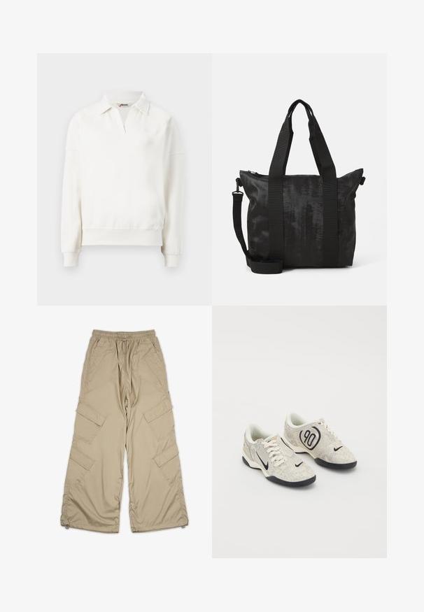 Maglione girocollo in cotone bianco sporco, con colletto polo, maniche lunghe e orlo a coste. Dettaglio del logo discreto sul petto.; Pantaloni cargo beige con vita regolabile tramite cordino, multiple tasche laterali e vestibilità rilassata. Realizzati in un tessuto leggero e morbido con dettagli di cucitura.; Sneakers Nike con una parte superiore testurizzata beige e grigia, dettagli neri, un grande logo "90" e una chiusura con lacci bianchi. Suola nera.; Borsa tote nera con tessuto texturizzato, doppi manici superiori e tracolla rimovibile. Presenta una chiusura con zip per una conservazione sicura.