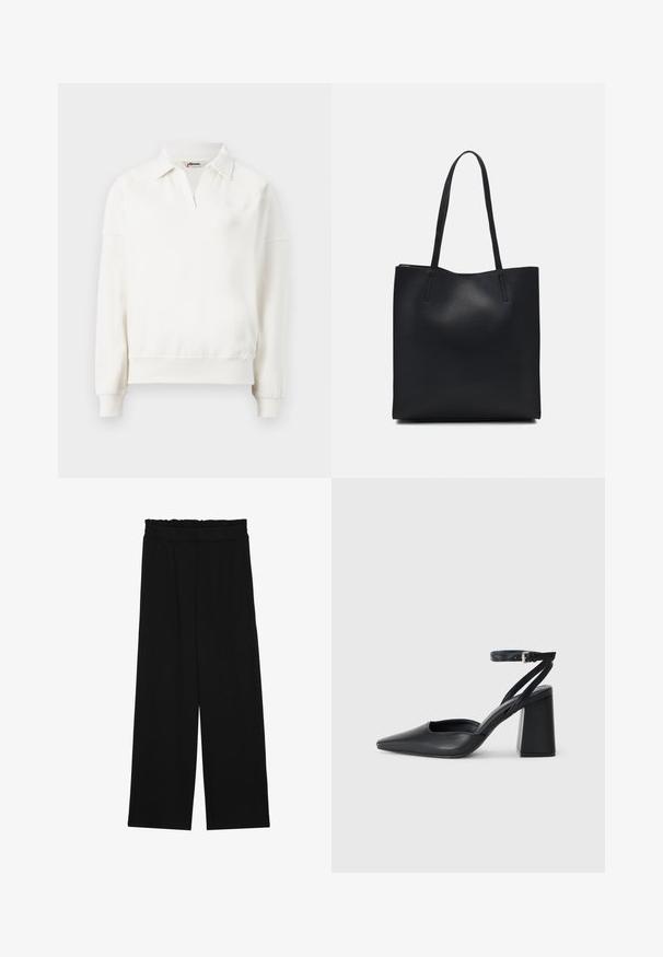 Crewneck pullover in off-white cotton, featuring a polo collar, long sleeves, and a ribbed hem. Subtle logo detail on the chest.; Black wide-leg trousers with a ruffled waistband, featuring two side pockets and a smooth, lightweight fabric. No visible patterns or hardware.; Black leather pointy-toe pump with an ankle strap and a chunky heel. Flat texture, sleek design, and minimalistic aesthetics.; Black leather tote bag with smooth texture, rectangular shape, and two long handles. No visible hardware or embellishments.