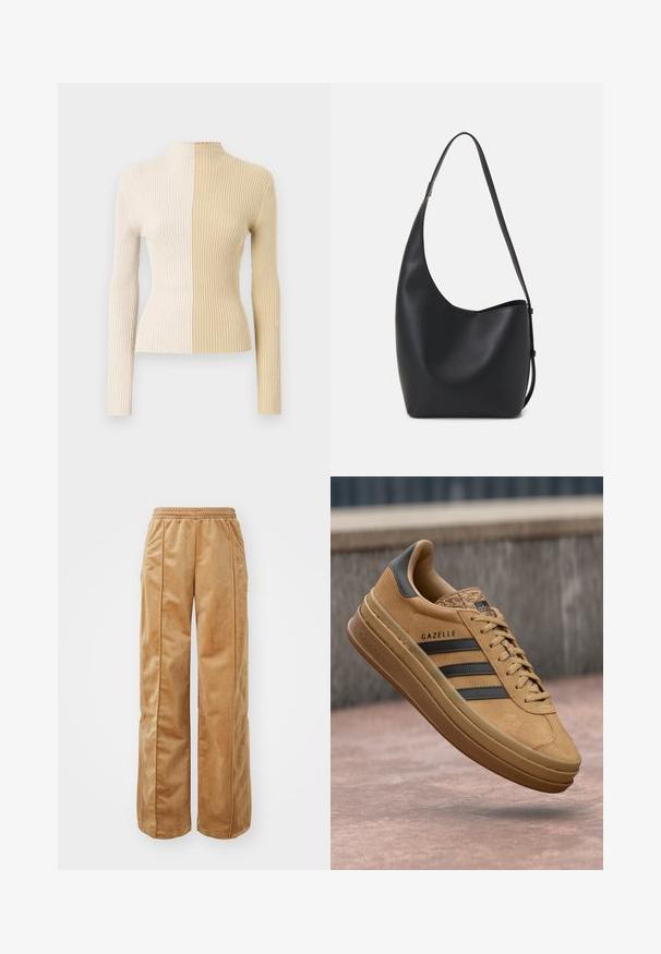 Ribbed turtleneck sweater with long sleeves, featuring a two-tone design in cream and beige, highlighting contrasting textures and colors.; Tan wide-leg pants made of soft, velvety material. Features an elastic waistband and vertical seams along the front for added detail.; Tan suede sneakers with a smooth texture, featuring three dark stripes, a rounded toe, and a thicker sole with a patterned edge.; Black leather hobo bag with a smooth texture, curved shape, and single adjustable strap; features a wide opening at the top.