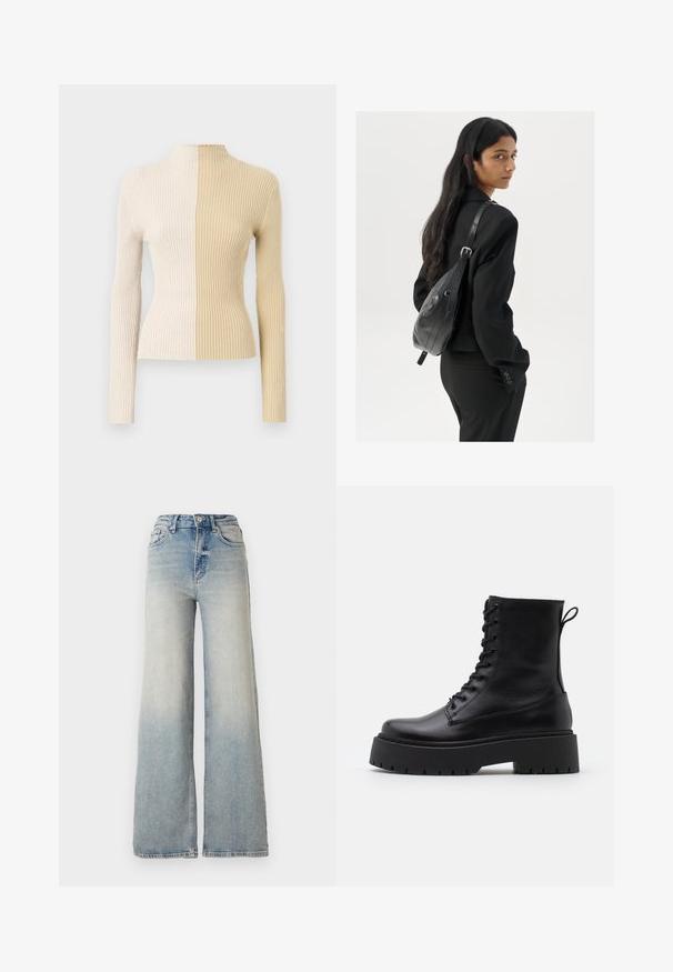 Maglione a collo alto a coste con maniche lunghe, caratterizzato da un design bicolor in crema e beige, che mette in risalto texture e colori contrastanti.; Jeans ampi di colore blu chiaro in denim, con vita alta, cinque tasche e cuciture visibili lungo le cuciture.; Stivaletti in pelle nera alla caviglia con punta rotonda, lace-up frontale e suola in gomma spessa con battistrada textured. Tassello sul retro.; Donna con lunghi capelli scuri, vestita con un completo nero, che porta una borsa a tracolla in pelle nera, mentre guarda oltre la spalla su uno sfondo bianco.