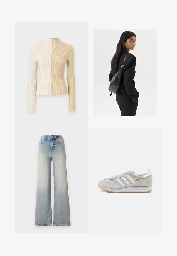 Rebrast pulover s turtleneck-om in dolgimi rokavi, v dveh barvah, krem in bež, ki poudarja kontrastne teksture in barve.; Svijetloplave široke traperice s visokim strukom, koje imaju pet džepova i vidljivo šivanje uz šavove.; Svetlo sivi tenisice od antilopa i mrežaste tkanine, s tri bijele pruge, okruglim vrhom i gumenim potplatom. Zlatni logo akcent blizu vezica.; Ženska z dolgimi temnimi lasmi, oblečena v črn kostim, nosi črno usnjeno torbo čez ramo in se ozira čez ramo proti beli podlagi.