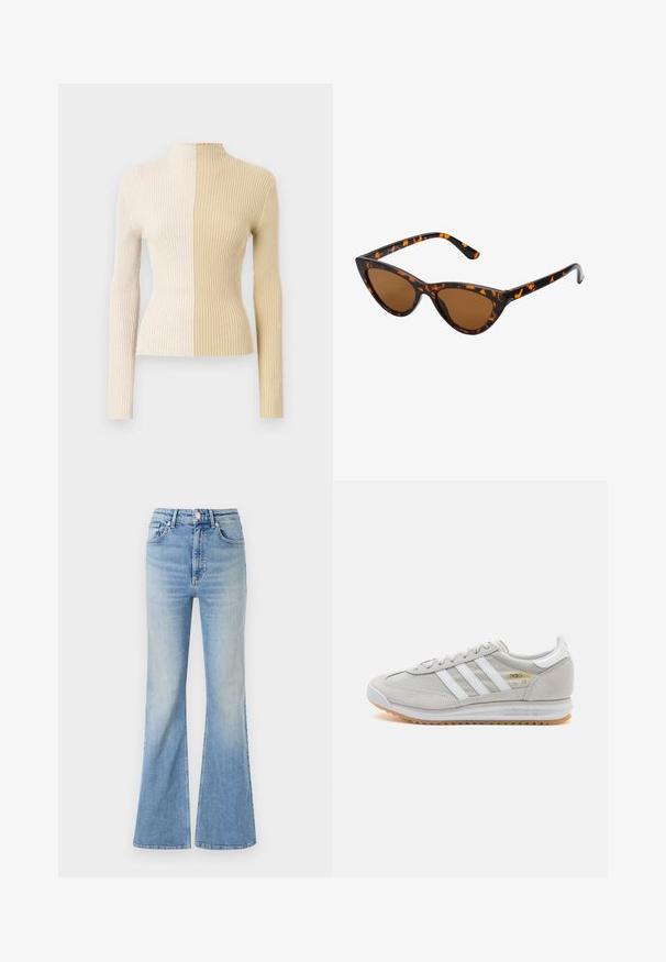 Ribana turtleneck pulover s dugim rukavima, s dvobojnim dizajnom u krem i bež boji, ističe kontrastne teksture i boje.; Svijetloplave široke traperice s visokim strukom, pet džepova i suptilnim gradijentnim izbljeđivanjem prema rubu.; Svijetlosivi tenisice od antilopa i mrežice, s tri bijele pruge, okruglim vrhom i gumenom potplatom. Zlatni logo akcent blizu vezica.; Sunglasses u obliku mačjih očiju s okvirom u crno-narančastom kornjačevom uzorku, smešnim lećama i elegatnim, šiljastim vrhovima. Sadrži minimalni logo na dršci.