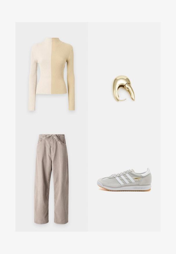 Ribbed turtleneck sweater with long sleeves, featuring a two-tone design in cream and beige, highlighting contrasting textures and colors.; Beige corduroy trousers with a loose fit, featuring a drawstring waist, two front pockets, and vertical ribbed texture.; Light grey sneaker made of suede and mesh, featuring three white stripes, round toe, and a gum rubber sole. Gold logo accent near laces.; Gold-tone metal earring with a sleek, curved design. Features a distinctive pointed shape, polished surface, and hinge closure.