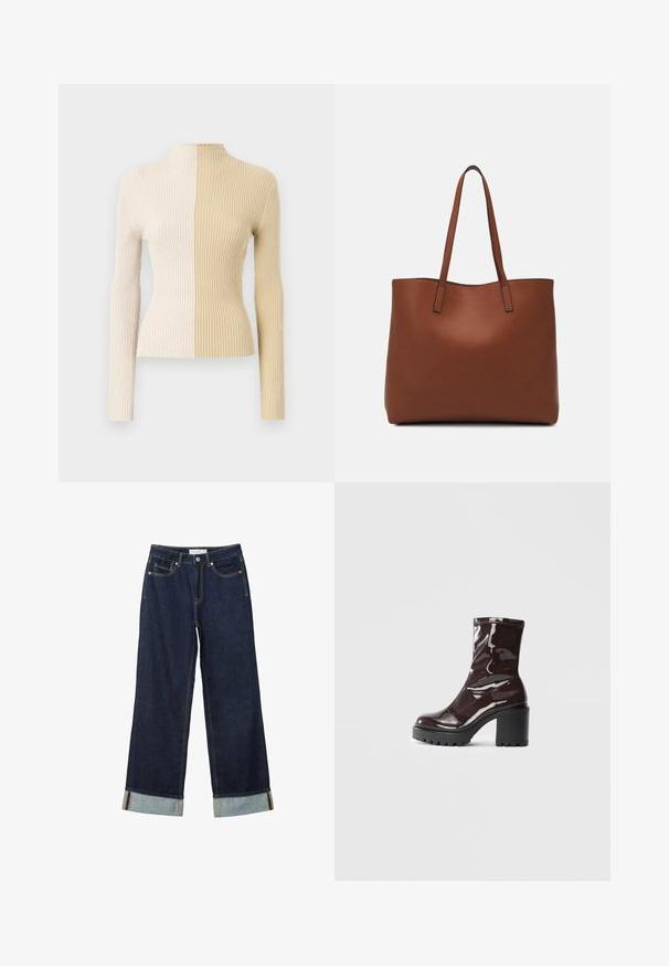 Sweter z prążkowanym kołnierzem i długimi rękawami, o dwukolorowym wzorze w odcieniach kremowym i beżowym, podkreślający kontrastujące tekstury i kolory.; Ciemnoniebieskie dżinsy o szerokich nogawkach i wysokim stanie, z podwiniętymi mankietami, kontrastowym przeszyciem i pięcioma kieszeniami. Wykonane z materiału dżinsowego.; Błyszczące bordowe botki za kostkę z masywną czarną obcasem, charakteryzujące się gładką teksturą i prostym wzornictwem. Brak widocznych zapięć lub wzorów.; Brązowa skórzana torba tote o gładkiej fakturze, z otwartym wierzchem i dwoma ramiączkami. Charakteryzuje się minimalnym przeszyciem i brakiem widocznych elementów metalowych.
