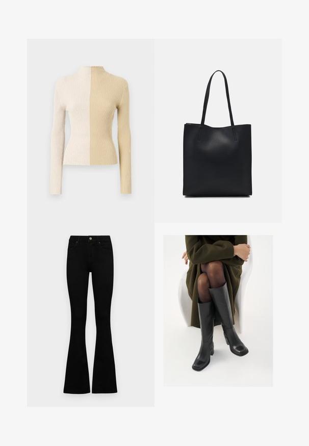 Suéter de cuello alto acanalado con mangas largas, que presenta un diseño bicolor en crema y beige, destacando texturas y colores contrastantes.; Jeans negros de cintura alta con cierre de botón y cremallera, bolsillos frontales y piernas acampanadas, dispuestos sobre un fondo blanco.; Botas de cuero negro hasta la rodilla con puntera cuadrada y tacón de bloque, presentadas con un modelo sentado en un abrigo verde oliva. Textura suave, mínimo detalle.; Bolso tote de cuero negro con textura lisa, forma rectangular y dos asas largas. Sin herrajes ni adornos visibles.