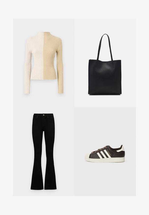 Ribbed turtleneck sweater with long sleeves, featuring a two-tone design in cream and beige, highlighting contrasting textures and colors.; Black high-waist jeans with a button and zip closure, front pockets, and flared legs laid flat on a white background.; Low-top Adidas Superstar sneaker in dark brown leather with cream shell toe, white stripes, and "Superstar" text on the side.; Black leather tote bag with smooth texture, rectangular shape, and two long handles. No visible hardware or embellishments.