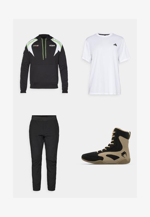 Juodas džemperis su baltais ir ryškiai žaliais akcentais, turi priekinę kišenę, raištelius ir logotipus ant krūtinės bei rankovės. Minkšta medžiaga.; Balta sportinė marškinėliai trumpomis rankovėmis, pagaminti iš drėgmę šalinančios medžiagos. Kairėje krūtinės pusėje yra juodas logotipas, o apykaklės viduje yra raštuotas dizainas.; Juodi tamprūs kelnės su prigludusia forma, elastinga juosta ir užtrauktuku uždaromomis kišenėmis. Lygi tekstūra su lengvu blizgesiu.; Aukštesni sportiniai batai, turintys juodą tinklinį paviršių su smėlio spalvos akcentais. Tekstūruota gumos pašiūrė ir logotipo detalė šonėje.