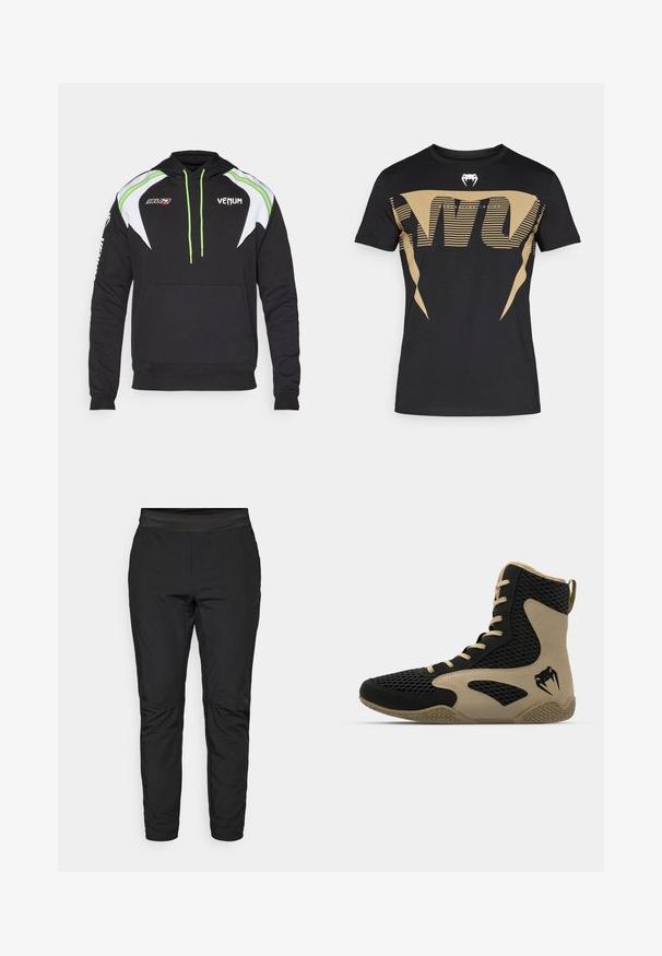 Hanorac negru cu accente albe și verzi lămâie, având buzunar frontal, șnururi și logo-uri pe piept și pe mânecă. Material moale.; Tricou din bumbac negru, având un design grafic mare și îndrăzneț în nuanțe aurii, cu dungi și logo-ul unui cobra pe piept. Stil clasic cu guler rotund.; Pantaloni de yoga negri, cu un design ajustat, talie elastică și buzunare cu fermoar. Textură netedă cu un finisaj ușor lucios.; Pantofă sport de tip high-top cu un exterior din plasă neagră și accente bej. Talpă din cauciuc texturat și detaliu logo pe lateral.