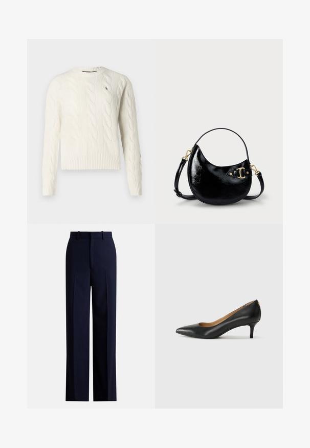 Kasukas koorevärvi nöörknitiga, pikad varrukad ja ümar kaelus, millel on väikene tikitud logo vasakul rinnal.; Tumesinised püksid sirge lõikega, millel on lõhikud, vööaasad ja sile tekstuur. Valmistatud kergest kangast.; Must musta musta, millel on terav nina, madal konts ja sile tekstuur. Omab pisut avatud osa ees ja minimaalset riistvara taga.; Must musta nahk käekott kumerate joontega, reguleeritava rihmaga ja kuldse tooniga detailidega küljel. Sile, särav tekstuur.