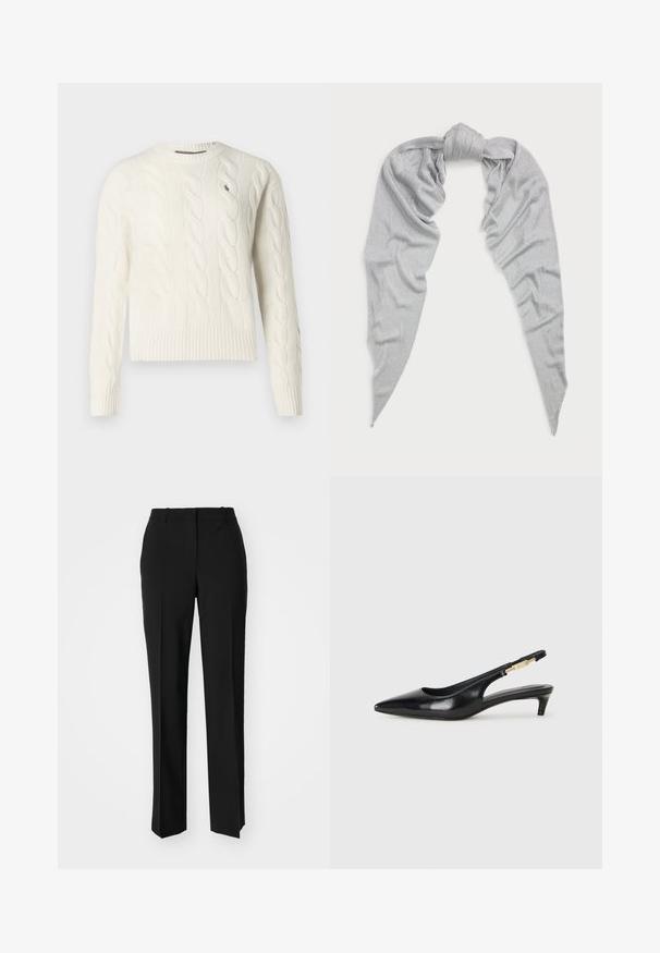 Světle krémový svetr s pleteným vzorem, dlouhými rukávy a kulatým výstřihem, na levé hrudi s malou vyšívanou logem.; Černé kalhoty na míru se střihem do rovna, které mají hladkou texturu a ostré sklady na přední straně. Bez viditelného kování.; Černé kožené boty na podpatku s otevřenou patou a špičatou špičkou, s tenkým podpatkem a zlatým akcentem na nastavitelném pásku. Hladký povrch.; Stříbrná šála vyrobená z měkké, texturované látky. Má uzlové středové části a prodloužené, zúžené konce s jemným leskem.