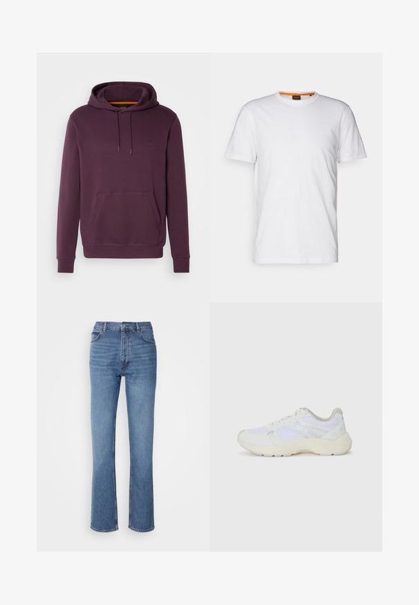 Sweatshirt roxa com capuz feito de algodão suave. Inclui um bolso frontal tipo canguru e punhos canelados. Pequeno patch de logotipo no peito.; T-shirt de algodão branco com decote redondo, mangas curtas e um logo em relevo discreto no peito. A etiqueta interior tem um detalhe laranja.; Jeans de ganga azuis com cintura alta, design de perna reta e um desbotado subtil. Apresenta o clássico estilo de cinco bolsos e um fecho com fecho éclair.; Ténis brancos desportivos feitos de malha e camurça, com uma entressola texturizada, elementos texturizados e o logótipo "HUGO" na lateral.