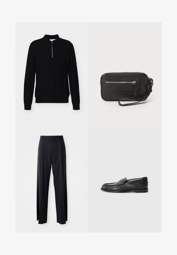 Mustapituinen pitkähihainen neulepusero, jossa on vetoketju kauluksessa. Valmistettu neulospinasta. Ominaisuuksiin kuuluu kapea muotoilu sekä ribbaus hihansuissa ja helmassa.; Musta, korkeavyötäröinen housupari, jossa on leveä lahje, valmistettu sileästä kankaasta. Edessä on laskokset ja vyölenkit. Minimalistinen muotoilu, ei näkyvää metalliosaa.; Musta nahkakengät pienen, sileän pinnan kanssa, pyöreä kärki, koristeellinen remmi ja minimalistinen muotoilu. Varustettu matalalla lohkokorkealla.; Mustakotelo, jossa on tekstuuri, etupinossa vetoketjullinen tasku ja irrotettava ranneke. Edessä on logopatch. Suorakulmainen muoto.