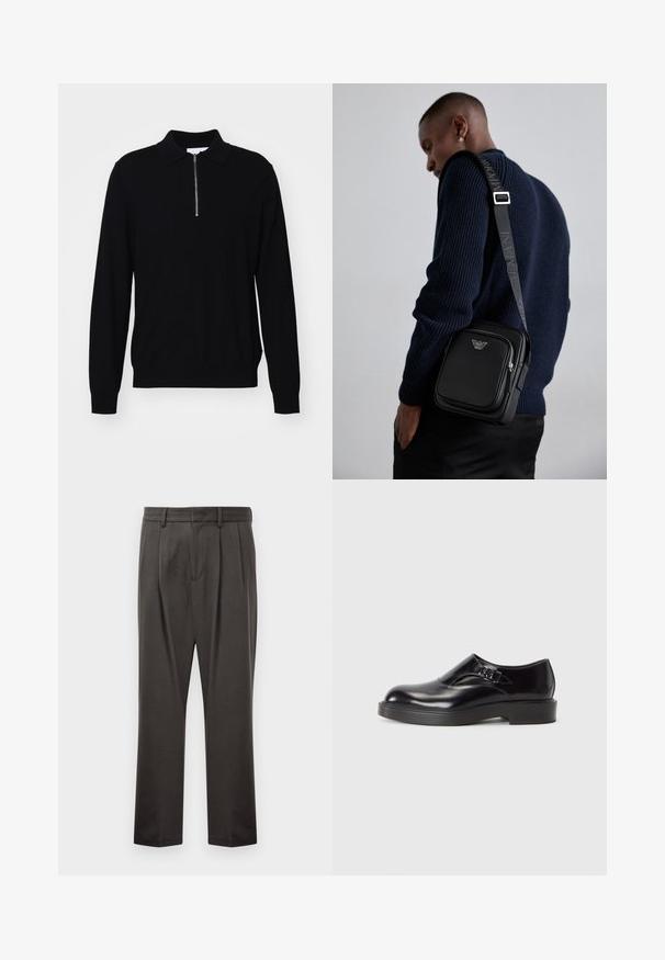 Svart långärmad tröja med dragkedja i kragen, gjord av stickat tyg. Har en åtsittande design och ribbad muddar och fåll.; Mörkgrå byxor i strukturerad tyg, med slät front, veck, raka ben och bälteshällor. Ingen synlig hårdvara eller mönster.; Svart lädersko med rund tå, låg svart klack och ett dekorativt rem. Smidig textur med en glänsande yta.; Svart läder crossbody-väska med ett zippered fack, logodetalj och en justerbar axelrem med märke. Bärs mot en strukturerad marinblå tröja.