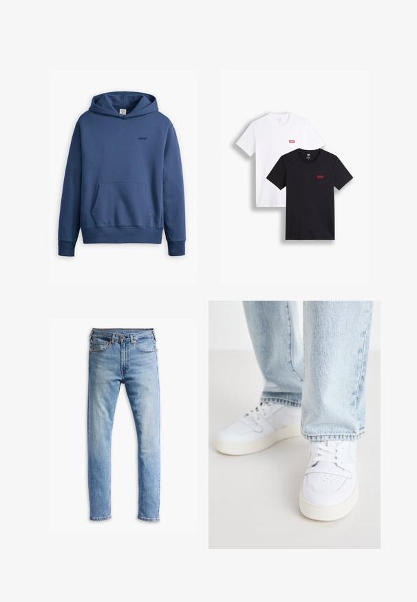 Sötétkék kapucnis pulóver pamut keverékből készült. Elől zsebes, bordázott mandzsettákkal rendelkezik, és egy kis logó található a mellkason.; Két rövid ujjú póló: az egyik fehér, a másik fekete. Mindkettő pamutból készült, a mellkason piros Levi's logóval. Egyszerű, környakú kialakítás.; Világoskék farmernadrág egyenes szabásban, öt zsebbel, gombos záródással és finom kopással az anyagon.; Fehér bőr alacsony szárú sportcipők perforált orral, lapos fűzőkkel és minimalista kialakítással. Világoskék farmernadrággal párosítva.