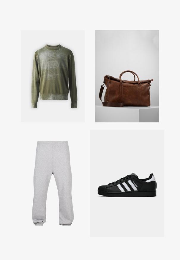 Olivgrön tröja med texturerad yta; har en ribbad rund halsringning och muddar, samt en subtil gradienteffekt över kroppen.; Grå sweatpants i blandad bomull, med elastisk midja, tapered ben och muddade fållar. Enkelt design utan mönster.; Svart Adidas Superstar sneaker med vita ränder, sula i skalform och "Superstar" text på sidan, visad i sidoprofil mot vit bakgrund.; Brun läder resväska med dragkedjestängning, dubbla handtag, justerbar axelrem och synliga texturmönster på ytan.