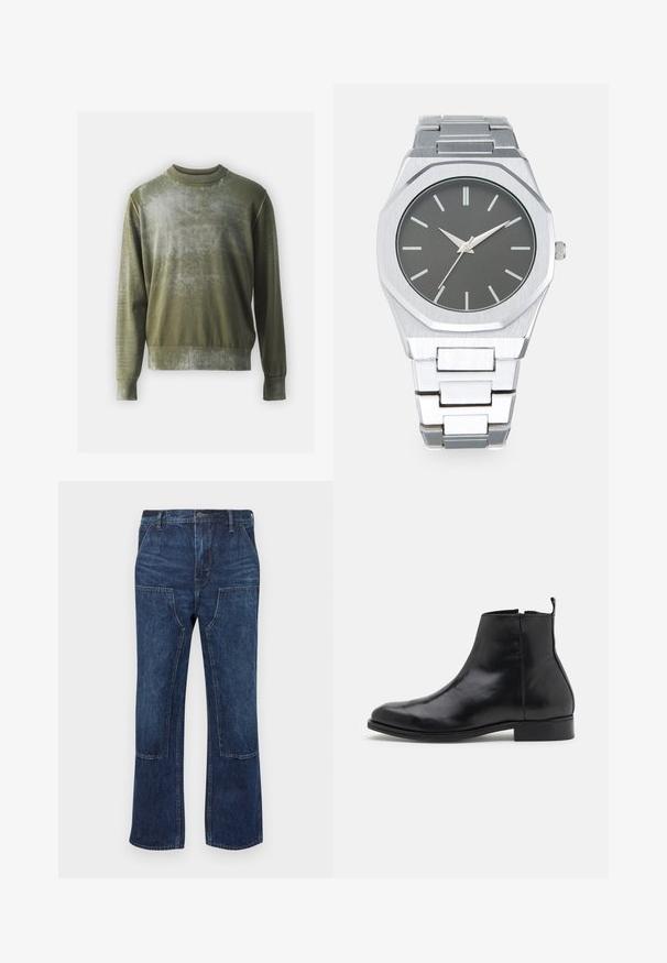 Olíva zöld pulóver texturált felülettel; bordás kerek nyakkivágással és mandzsettával rendelkezik, valamint finom színátmenet van a testén.; Sötétkék farmernadrág, laza szabással, széles lábakkal és elülső zsebekkel. Simaság jellemzi, minimális varrási részletekkel.; Zign LEATHER - Klasszikus bokacsizmák - black; Ezüst analóg óra nyolcszögletű tokban, szürke számlappal, ezüst órajelzőkkel és rozsdamentes acél link karkötővel. Minimalista design sima felülettel.