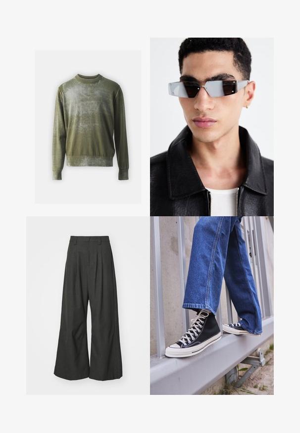 Olive green sweater with a textured finish; features a ribbed crew neckline and cuffs, and a subtle gradient effect across the body.; Jaded London GOLIATH TROUSER UNISEX - Trousers - grey; Black high-top sneakers with white sole and laces, paired with loose blue denim jeans, resting on a gray railing.; Angular gray-tinted sunglasses with silver hardware, set against a light background. The lenses feature a unique geometric shape.