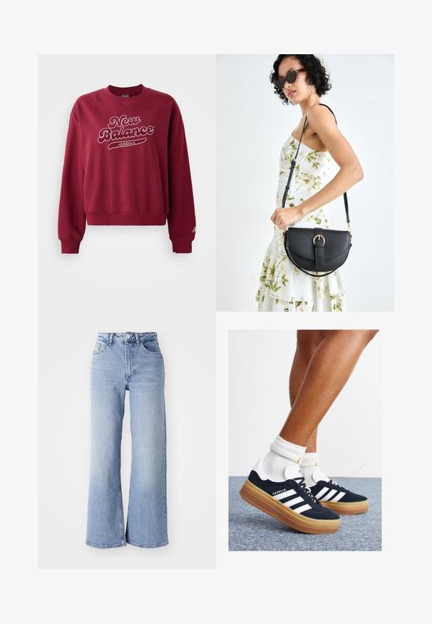 Burgundská mikina s okrúhlym výstrihom, s bielym logom "New Balance" a textom "Athletics". Rúbľové manžety a spodný lem, jemný materiál.; Svetlomodré vysoké široké nohavice z džínsoviny so zadnými a prednými vreckami, zapínaním na gombík a jemným vyblednutím na stehnách a lemoch.; Čierne semišové tenisky s bielymi pruhmi a detailmi, so zaoblenou špičkou, podrážkou z gumovej gumy, doplnené bielymi rebrovanými ponožkami.; Čierna kožená kabelka s zaobleným tvarom, odnímateľným popruhom a zlatými doplnkami. Kabelka má klopu s detailom s prackou.
