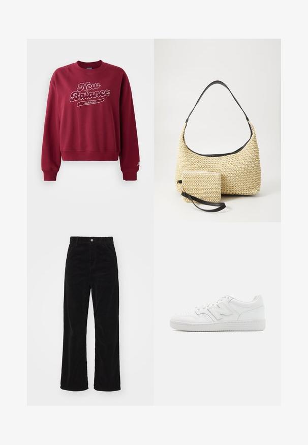 Felpa bordeaux con colletto a giro, caratterizzata da un logo bianco "New Balance" e la scritta "Athletics". Polsini e orlo a costine, materiale morbido.; Pantaloni palazzo neri in corduroy con vita alta, dotati di chiusura frontale con bottone e zip, e texture a coste verticali su tutta la superficie.; Sneaker bianco realizzato in pelle liscia, con punta perforata, suola in gomma testurizzata, lacci piatti e un prominente logo 'N' sul lato.; Borsa in paglia intrecciata con silhouette curva, dotata di una tracolla in pelle nera liscia e di una piccola pochette abbinata, attaccata da un cinturino da polso.