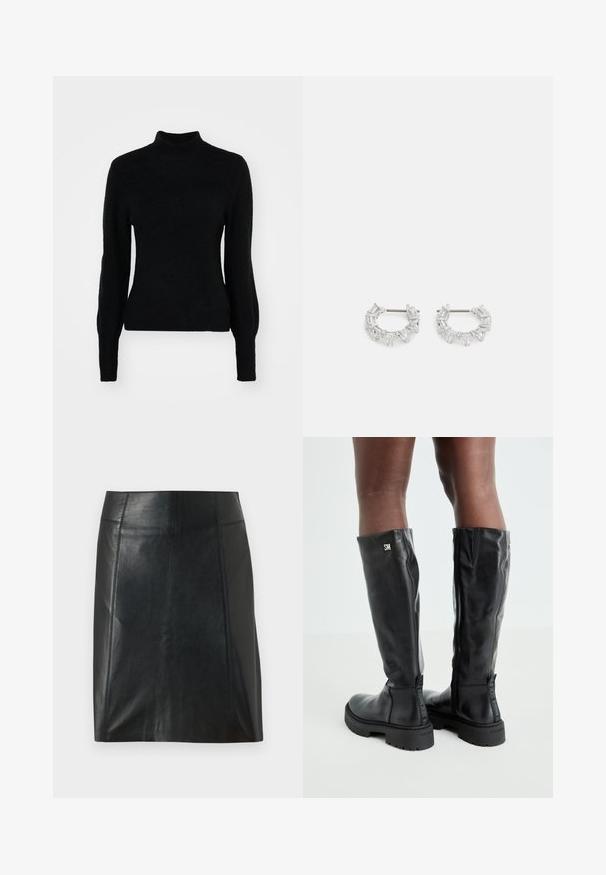 Schwarzer Rollkragenpullover aus einem weichen, strukturierten Stoff. Mit langen Ärmeln und einem taillierten Design mit nahtlosem Finish.; Schwarzer Lederrock mit taillierter Passform. Glatte Textur, Nähte, die die Form betonen, und ein gerader Saum. Minimalistische und elegante Optik.; Schwarze knielange Lederstiefel mit glatter Textur, abgerundetem Zeh, robustem Absatz und Reißverschluss. Mit silbernem Logo an der Seite.; Silberne Creolen mit klaren, rechteckigen und dreieckigen Kristallen, die in einem gemusterten Design angeordnet sind. Sicherer Halt durch Stecker.