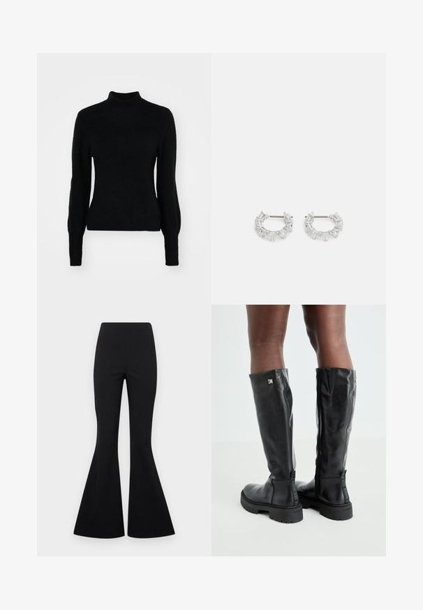 Zwarte turtleneck sweater gemaakt van een zachte, textuurstof. Voorzien van lange mouwen en een aansluitend ontwerp met een naadloze afwerking.; Zwarte flare broeken van rekbaar materiaal met een gladde structuur, met een hoge taille en brede, uitlopende benen.; Zwarte leren kniehoge laarzen met een gladde textuur, ronde neus, stevige zool en ritssluiting. Voorzien van een zilveren logo aan de zijkant.; Zilveren oorbellen met ringen, versierd met heldere, rechthoekige en driehoekige kristallen die in een patroon zijn gerangschikt. Met gevest voor een veilige bevestiging.