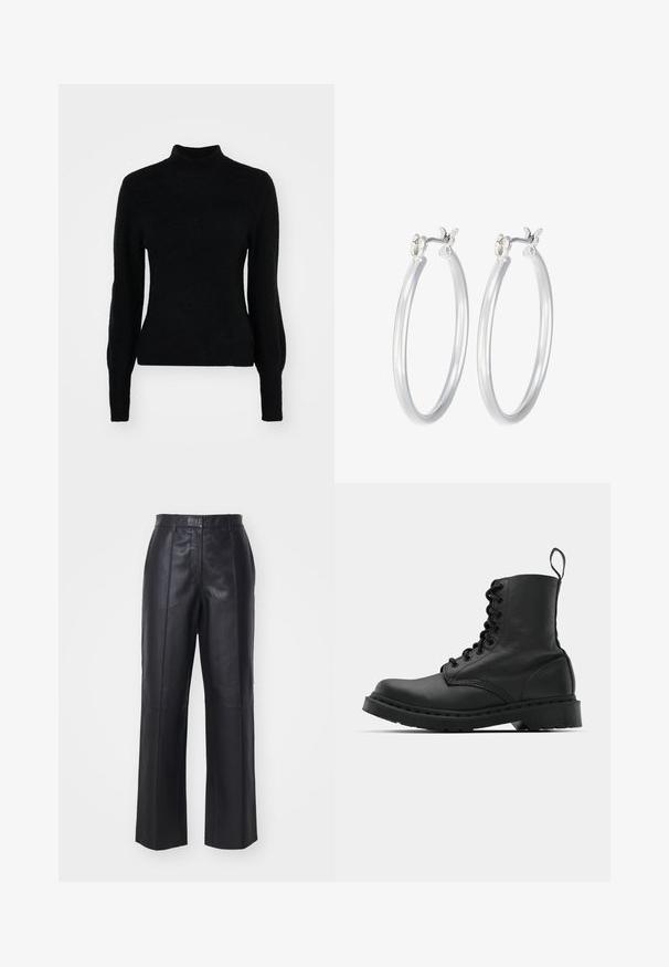 Maglione a collo alto nero realizzato in un tessuto morbido e testurizzato. Presenta maniche lunghe e un design aderente con una finitura senza cuciture.; Pantaloni in pelle nera con vita alta, design a gamba ampia e dettagli di cuciture verticali. Texture liscia con una finitura lucida.; Stivale da combattimento in pelle nera con punta tonda, chiusura con lacci e linguetta alla caviglia. Presenta una suola in gomma spessa per durabilità.; Orecchini a cerchio in argento con una finitura liscia e lucida. Forma rotonda e chiusura a scatto sicura. Design leggero adatto per l'uso quotidiano.