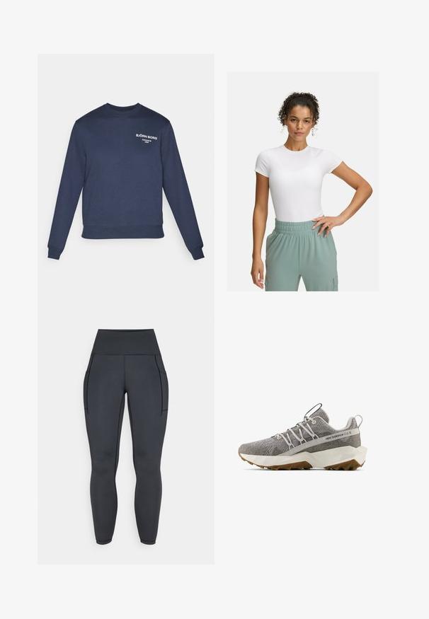 Marineblauwe sweatshirt met lange mouwen, ribgebreide manchetten en zoom. Heeft witte logotekst op de borst; de stof lijkt glad en katoenachtig.; Witte fitted t-shirt met korte mouwen, gecombineerd met lichtgroene broek met elastische tailleband. Gladde textuur, minimalistisch ontwerp en geen zichtbare patronen.; Hoge taille zwarte leggings, gemaakt van rekbaar, soepel materiaal. Bevat twee zijzakken en contrasterende stiksels langs de naden.; Grijze New Balance sneaker met een textuur van gebreid bovenwerk, witte geometrische zool, bruine profiel, elastisch vetersysteem en een trekband op de tong en hiel.