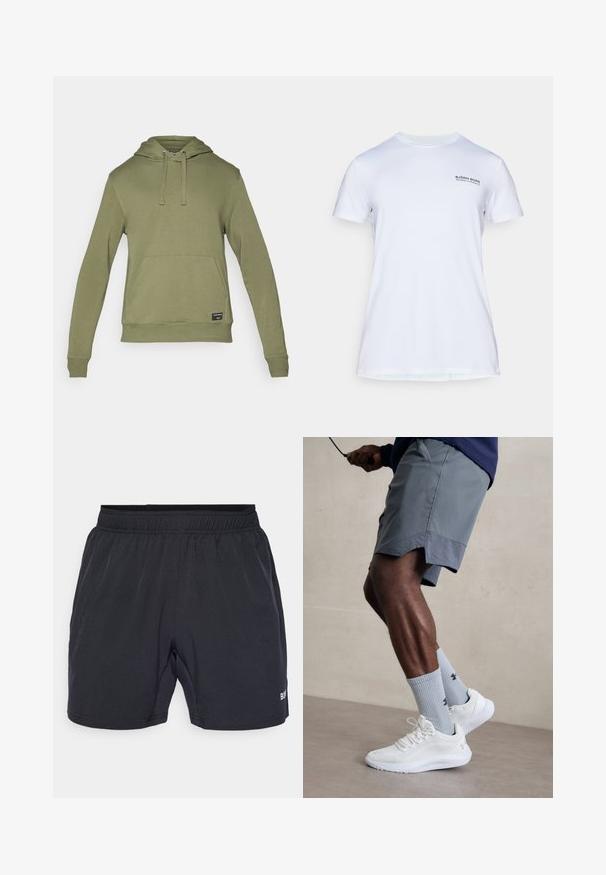 Hoodie verde-oliva feito de tecido suave, com um bolso canguru, capuz com cordão e punhos canelados. Design minimalista com uma etiqueta na bainha.; T-shirt atlético de manga curta branca com o texto "Björn Borg Training Club Monaco" impresso no lado superior esquerdo do peito.; Calções pretos com uma cintura elástica, feitos de um tecido liso e leve, apresentando um pequeno logotipo no canto inferior direito.; Ténis desportivos brancos com parte superior em malha texturizada, acompanhados por meias caneleadas azul claro com um logótipo. Calções desportivos cinza com acabamento perfurado.