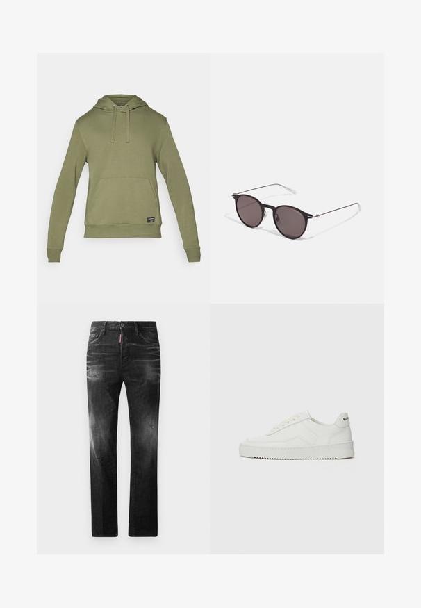 Olīvu zaļš hoody, kas izgatavots no mīksta auduma, ar kenguru kabatu, stringa kapuci un ribotām piedurknēm. Minimālistisks dizains ar etiketīti uz apakšmalas.; Melni džinsi no denima ar taisnu piegriezumu. Iespējas ietver izbalējušas vietas, nelielas nodiluma pazīmes, klasisko piecu kabatu dizainu un pogu aizdari.; Baltas ādas sneakers ar gludu virsmu, apaļu pirkstu daļu, plakaniem šņorēm un teksturētu zoli. Satur diskrētu logotipu uz papēža.; Melni apaļi saulesbrilles ar tumšiem lēca un plānām metāla stangām. Iekļautas caurspīdīgas tempļu galviņas un sudraba akcenti pie eņģes. Minimalistisks dizains.