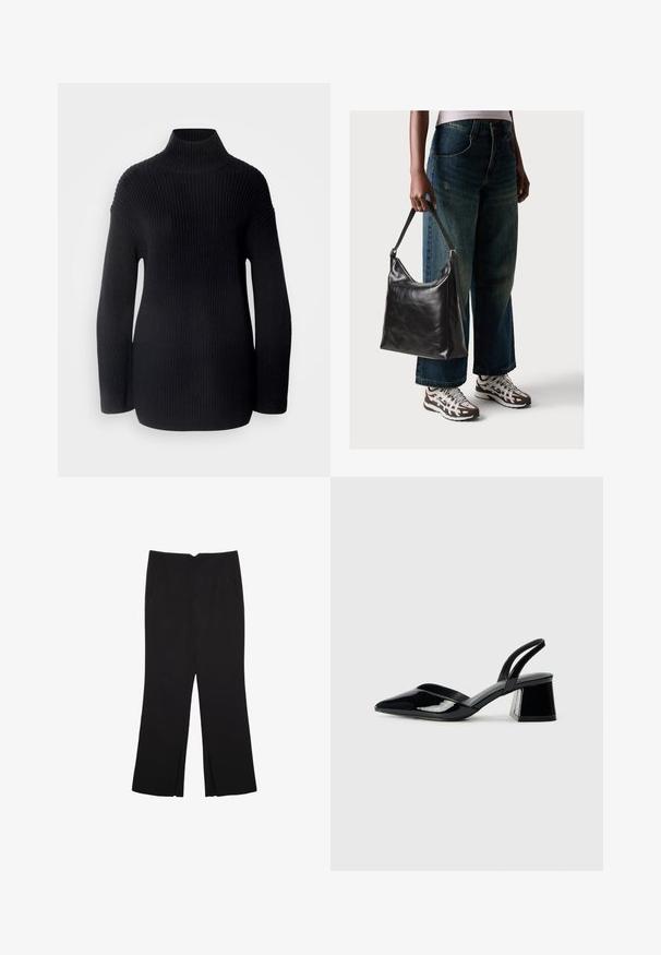 Marc O'Polo LONGSLEEVE STAND UP COLLAR - Svetr - black; Černé kalhoty s rovným střihem, s předními kapsami a bočními rozparky na lemu. Vyrobené z jemné, hladké tkaniny. Vhodné na různé příležitosti.; Černé lakované kožené lodičky na pásku s špičatou špičkou a geometrickým blokovým podpatkem. Vyznačují se elegantním, minimalistickým designem a hladkým povrchem.; Černá kožená kabelka přes rameno se hladkým povrchem a nastavitelným popruhem, spárovaná s vybledlými džínami širokého střihu a sportovními teniskami.