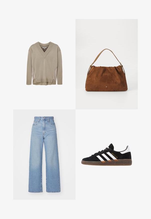 Beige színű, hosszú ujjú, V nyakú pulóver, bordás mandzsettákkal és szegéllyel, oldalsó panel részletekkel és enyhe magas-légi szegéllyel.; Világoskék, magas derekú, bő szárú farmernadrág, elülső gombbal és cipzárral, elülső és hátsó zsebekkel, fehér háttérrel.; Fekete Adidas sneaker fehér csíkokkal, arany "Spezial" felirattal, gumitalppal és fehér saroktabbal, profil nézetben bemutatva.; Barna velúr kézitáska, gyűjtött kialakítással, egyetlen világosbarna bőrszíjjal és egy diszkrét arany logós részlettel az elején.