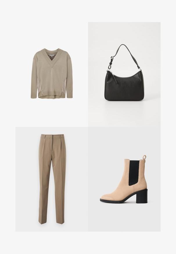 Bežinis ilgomis rankovėmis V formos megztinis su raukšlėtais rankogaliais ir apačia, su šoninėmis panelėmis ir šiek tiek aukštesne užpakaline dalimi.; Rudos pritaikytos kelnės, pagamintos iš lygios medžiagos, su tiesiomis kojomis, priekinėmis raukšlėmis ir juosmeniu su diržo kilpos.; Bežinės suede aulinės bateliai su blokuotu kulnu, su juodu elastingu įdėklu ir traukimo kilpele gale. Lygus paviršius ir suapvalintas pirštas.; Juoda odinė rankinė su išlenkta forma, viena dirželiu, užtrauktuko uždarymu ir subtiliu ženklinimu priekyje. Lygus paviršius, minimalistinis dizainas.