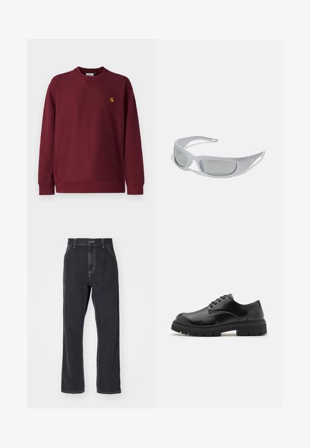 Carhartt WIP AMERICAN SCRIPT - Sportinis megztinis - malbec; Balta medvilninė marškinė su trumpomis rankovėmis, apvaliu iškirpimu ir laisvu siluetu. Lygus paviršius be matomų raštų ar akcentų.; Juodas džinsinis kelnių modelis su tiesiomis kojomis, turintis užtrauktuką, penkias kišenes ir kontrastingą siuvinėjimą siūlėse.; Juodi odiniai bateliai su apvaliu nosiu, raištelių užsegimu ir storu, tekstūruotu guminėmis padais. Yra siuvinėjimas per kraštą ir lygus paviršius.; Akiniai nuo saulės su elegantišku, pilku plastiko rėmu, išlenktu dizainu ir pilkai tonuotais objektyvais. Išskirtinė detalė - logotipas ant vienos šakės.