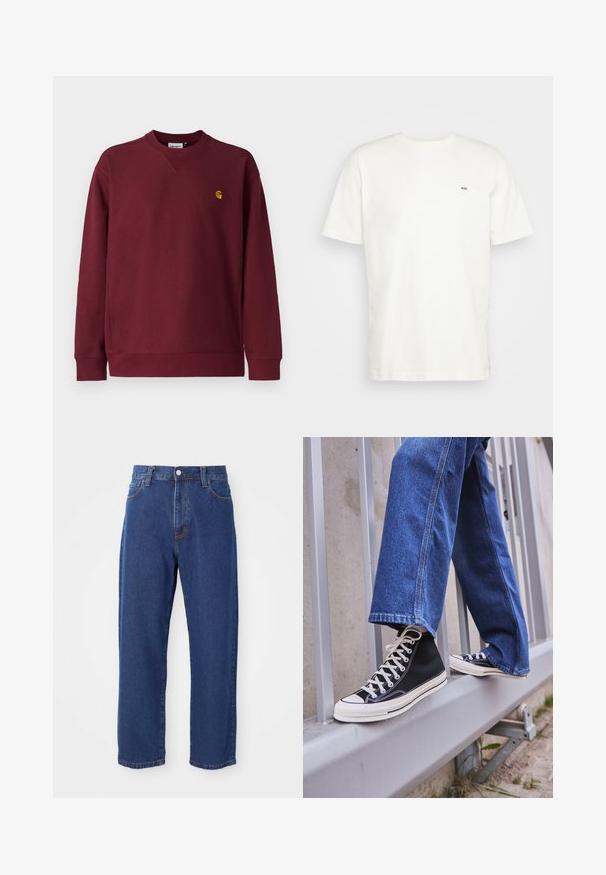 Carhartt WIP AMERICAN SCRIPT - Ikdienas džemperis - malbec; Balta kokvilnas t-krekls ar apaļu izgriezumu, īsām piedurknēm un mazu melnu "W.W." logotipu kreisajā krūtī. Gluda tekstūra, regulāra piegrieznes.; Augstas jostas zila džinsa bikses ar taisnu kāju siluetu, redzamām šuvēm un priekšējo pogu aizdari.; Melnas augstas kedas ar baltu zoli un auklām, apvienotas ar brīvām zilām džinsām, atpūšoties uz pelēka margotā balsta.