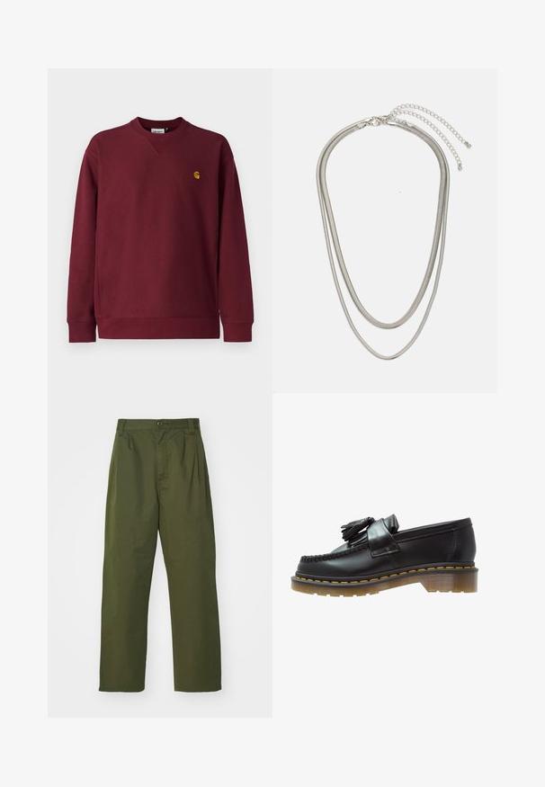 Carhartt WIP AMERICAN SCRIPT - Mikina - malbec; Olivově zelené kalhoty s vysokým pasem a rovnými nohavicemi. Vyrobené z lehkého materiálu, s předními sklady a knoflíkovým zapínáním.; Černé kožené mokasíny s texturovaným povrchem, zdobené dekorativním třásněm a kontrastním žlutým prošíváním, na robustní průhledné podrážce.; Vícevrstvý stříbrný kovový náhrdelník s elegantními, flexibilními řetízky s jemným leskem, zabezpečený karabinkou a nastavitelným řetízkem.