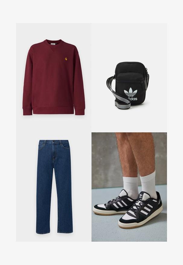 Carhartt WIP AMERICAN SCRIPT - Melegítőfelső - malbec; Sötétkék, egyenes szárú farmernadrág, elülső zsebekkel és gombos záródással, sima fehér háttéren bemutatva.; Fekete-fehér tornacipők velúr és bőr felsőrésszel, három fehér csíkkal, perforált orral és gumi talppal.; Fekete anyagú, keresztpántos táska cipzáras záródással, fehér Adidas logóval és csíkos állítható pánttal a könnyű hordozás érdekében.