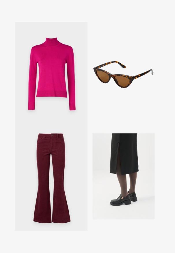 Aansluitende coltrui in felroze, vervaardigd van geribd breimateriaal, met lange mouwen en een rechte zoom met geribde manchetten.; Bordeaux corduroy flare jeans met vijf zakken, een sluiting met een knoop aan de voorkant en een gestructureerde stof. De flare loopt van de knie tot de zoom.; Zwarte leren schoenen met een ronde neus, dikke blokhak en elastische zijkanten, gecombineerd met donkere panty's en een zwarte rok met een split.; Cat-eye zonnebril met een zwart en oranje schildpadframe, bruine lenzen en slanke, puntige uiteinden. Bevat een minimalistisch logo op de poot.
