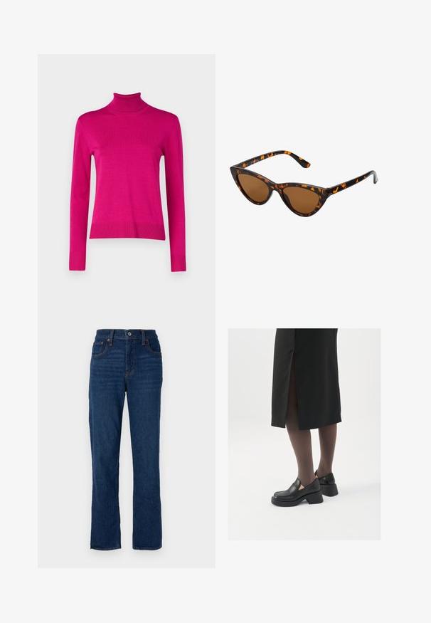 Pulover cu guler înalt, ajustat, de culoare roz aprins, fabricat dintr-un material tricotat cu nervuri, având mâneci lungi și un tiv drept cu manșete cu nervuri.; Blugi din denim de culoare albastră închisă, cu croială drept, design cu cinci buzunare, cusături portocalii și închidere cu nasture la talie.; Pantofi din piele neagră cu vârful rotund, toc bloc gros și accente elastice pe lateral, asortați cu colanți închiși la culoare și o fustă neagră cu o fanta.; Ochelari de soare în stil cat-eye, cu o ramă din material cu tortoiseshell negru și portocalie, lentile maro și vârfuri elegante, ascuțite. Prezintă un logo minimal pe brățara ochelarilor.